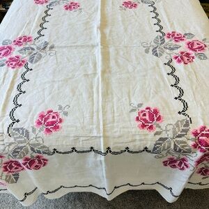 Vintage Tablecloth Pink Roses Cross Stitched Embroidered Rectangular 62”x 48”